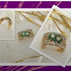 Vintage 14K Gold Emerald Diamond Floral Ring | 0.77ctw Heirloom Statement 7.30g